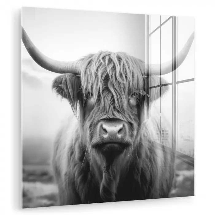 Schotse hooglander - Mist - Zwart - Wit plexiglas 5mm klein -zzzproduct_nieuw