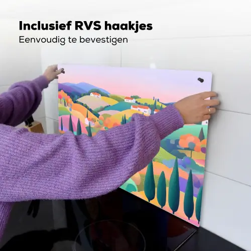 Landschap - Paars - Pastel - Huizen Inductie beschemer met haakjes klein -ky-ophangen-nl