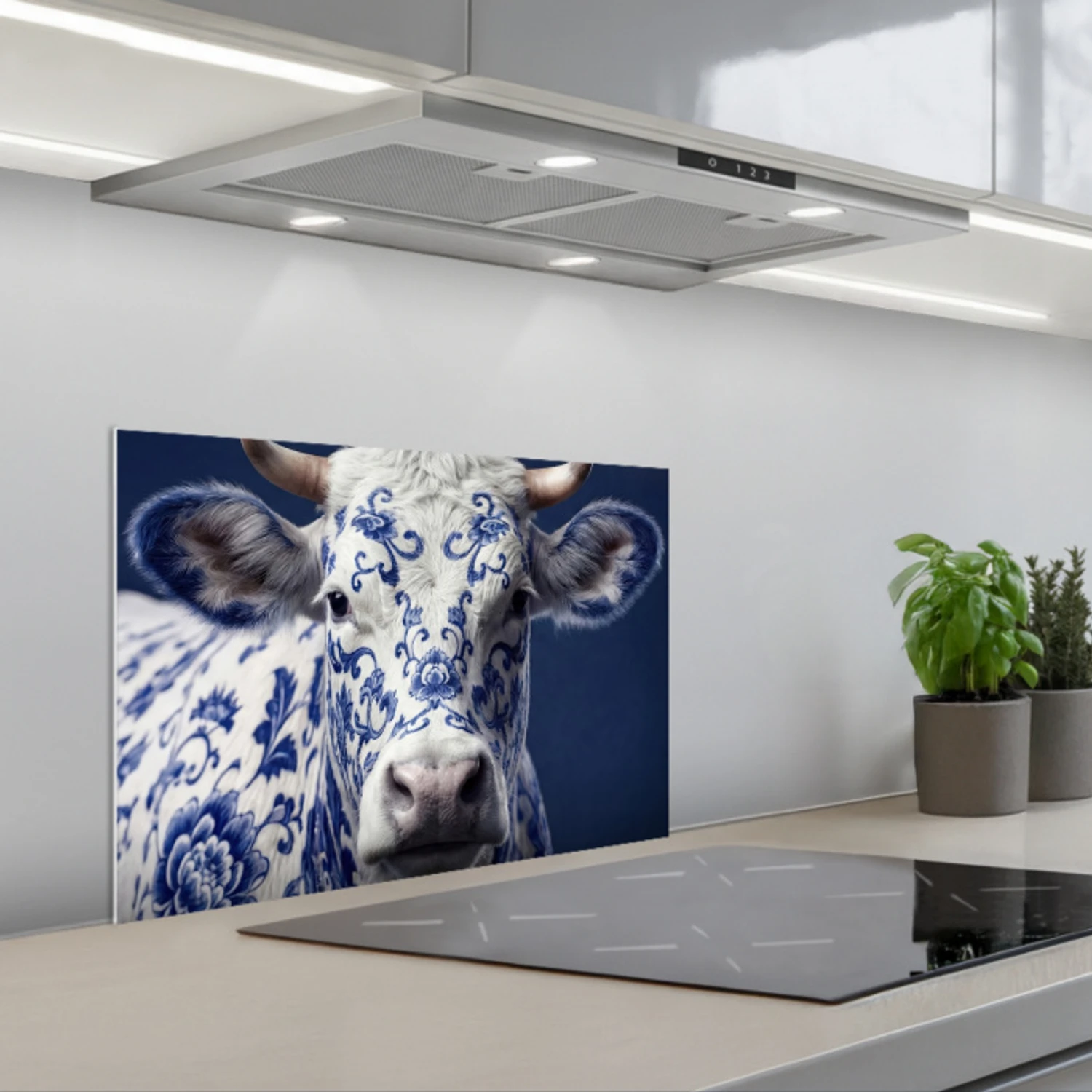 Koe - Delfts - Blauw - Artistiek keuken achterwand spatscherm klein -3d_schuin