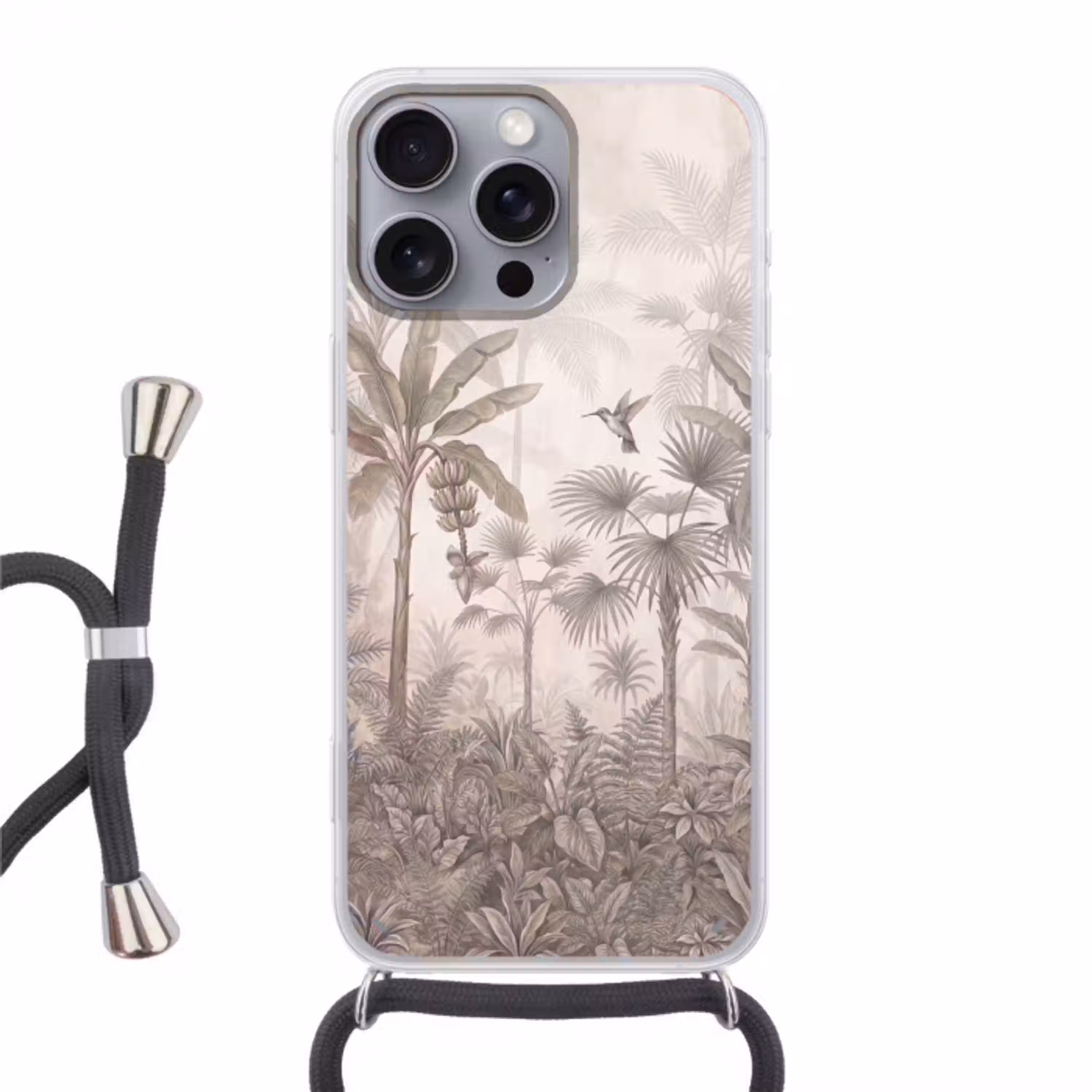 Jungle - Banenboom - Kolibrie - Beige Hoesje iPhone 16 Pro Max met koord klein -3d