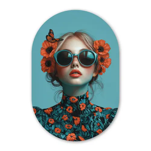 Vrouw - Blauw - Vlinder - Bloemen - Aesthetic Wandcirkel Ovaal Forex klein -3d