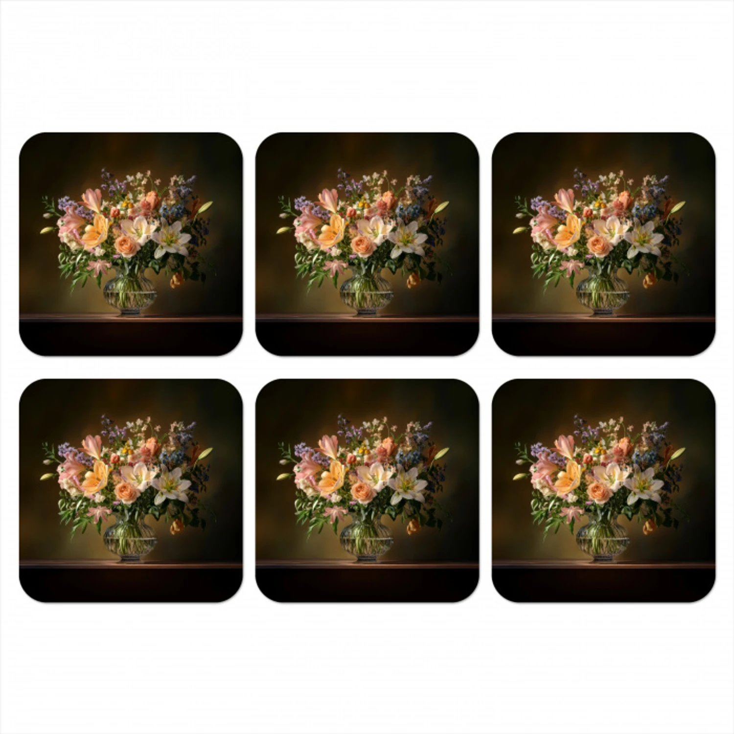 Glazen - Bloemen - Boeket - Kleuren onderzetter kurk middel -3d