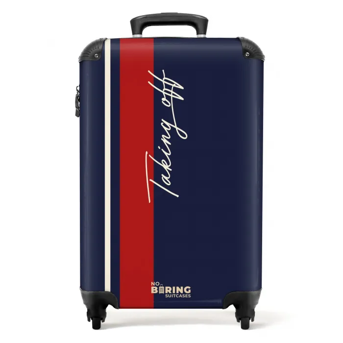Donkerblauwe achtergrond met rood-witte streep en tekst Taking Off NBS - Handbagage koffer - Kinderen Unisex middel -productfoto_recht