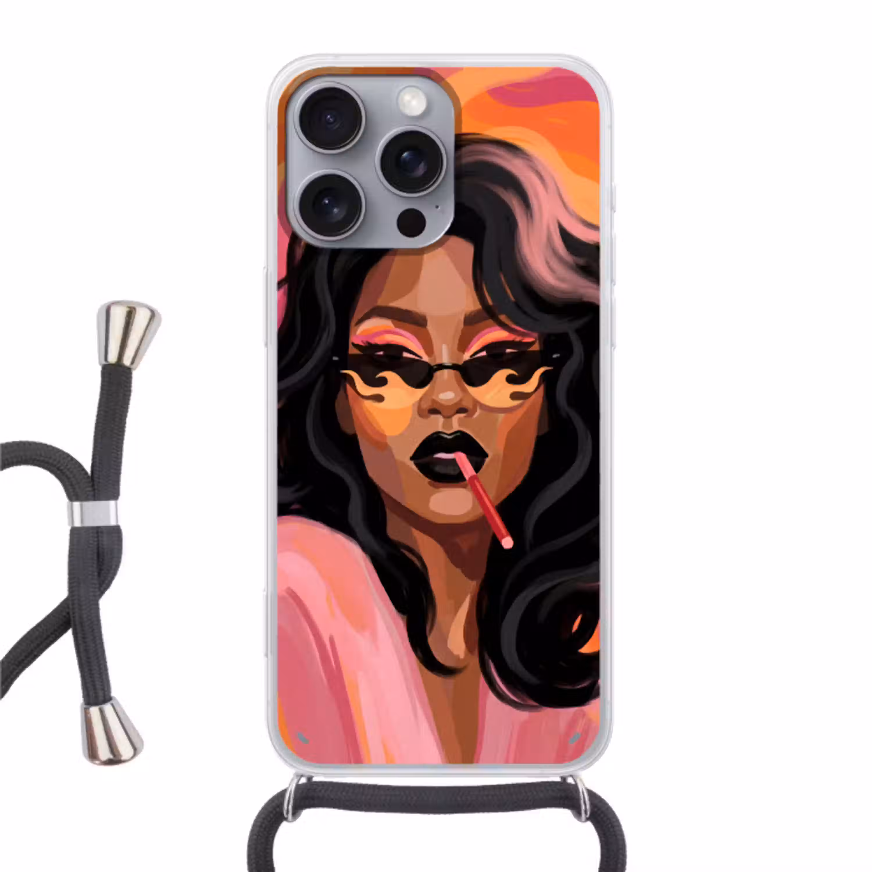 Vrouw - Zonnebril - Modern - Portret - Oranje Hoesje iPhone 16 Pro Max met koord klein -3d