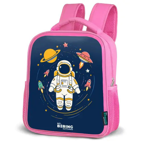 Astronaut - Planeet - Sterren - Raket Kinderrugzak - Roze middel -schuin