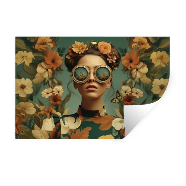 Muursticker - Bloemenkrans - Vrouwengezicht - Zonnebril - Oranje