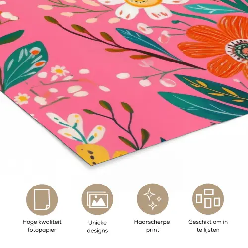 Roze - Bloemen - Wit - Oranje poster papier klein -closeup_NL