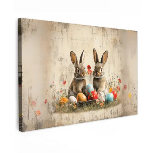 Konijnen - Bloemen - Eieren Tuinposter op houten frame 2 cm dik klein -3d