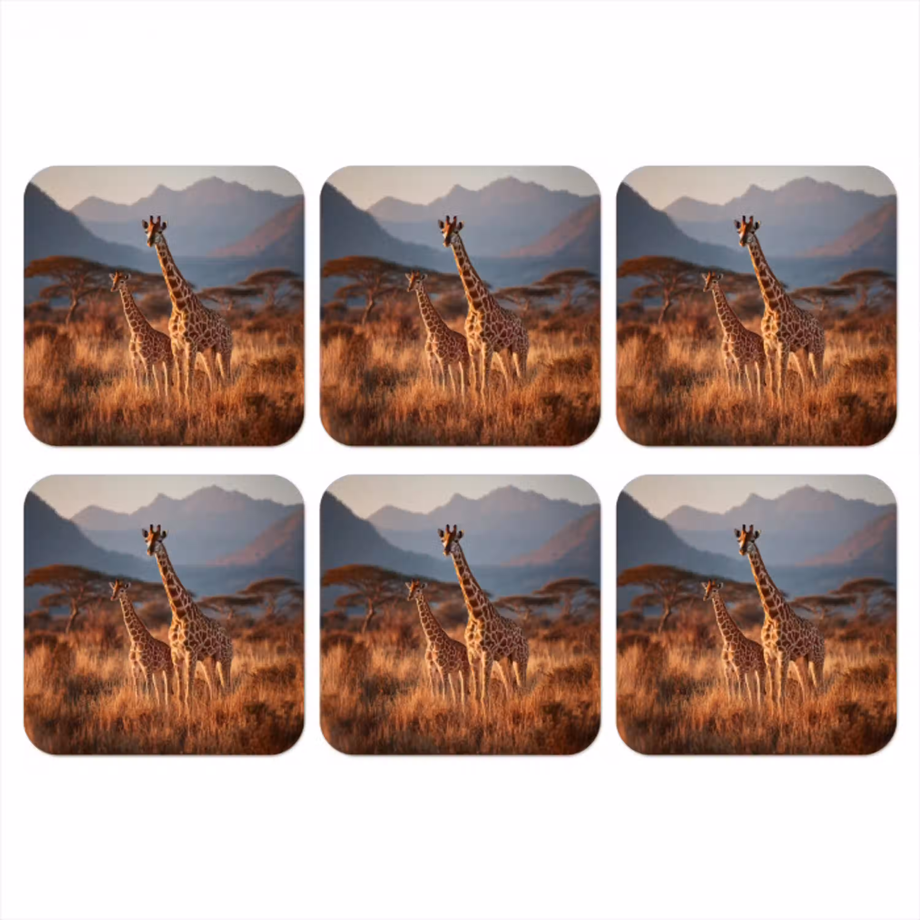 Giraffen - Hoog gras - Acaciabomen onderzetter kurk middel -3d