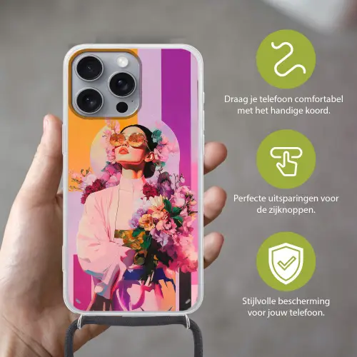Portret - Vrouw - Abstract - Bloemen Hoesje iPhone 16 Pro Max met koord klein -sfeer2_NL