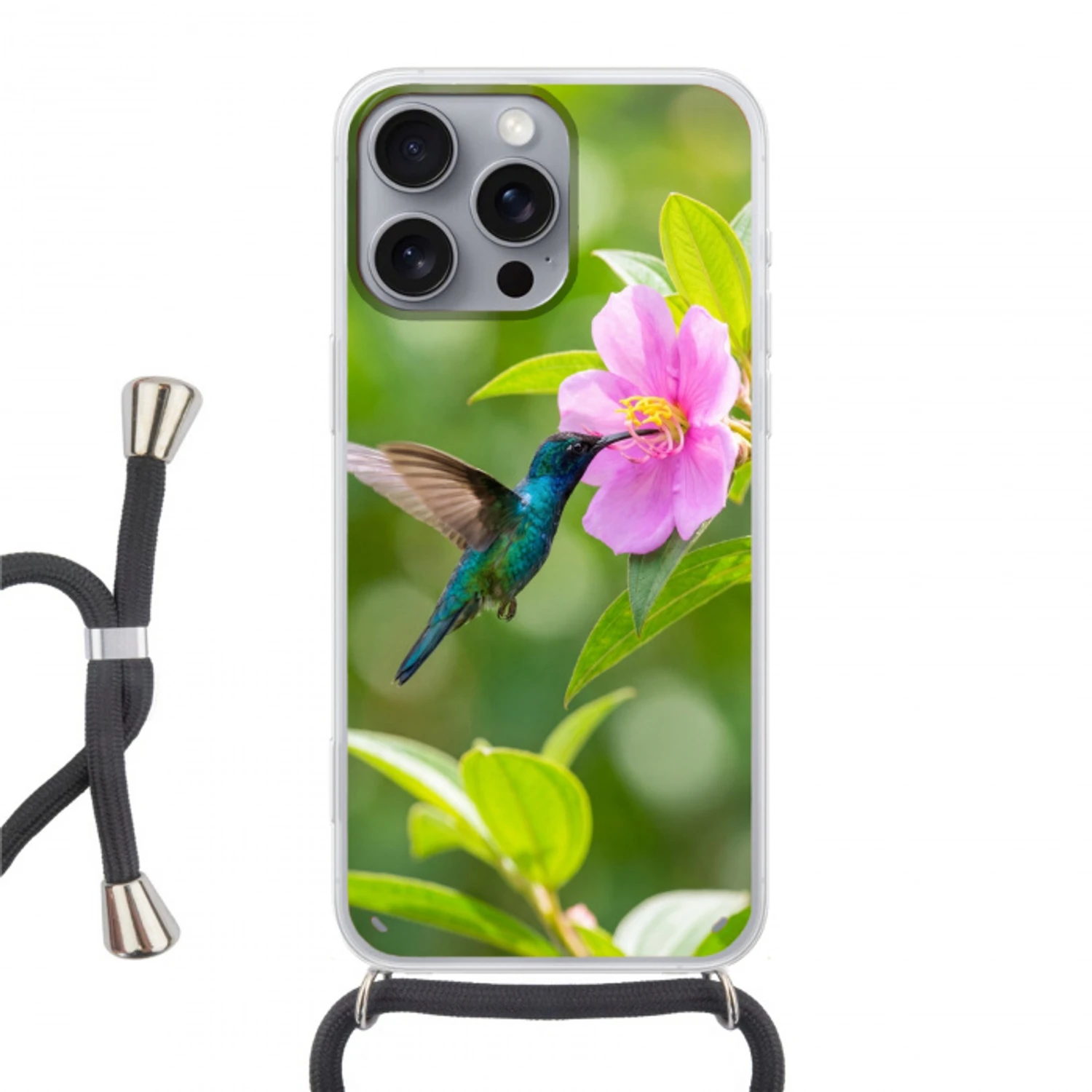 Kolibrie - Bloem - Natuur - Groen Hoesje iPhone 16 Pro Max met koord klein -3d
