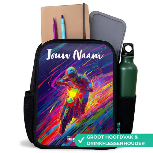 Crossmotor - Neonkleuren - Lijnen - Helm Rugzak - Zwart middel -inhoud_NL