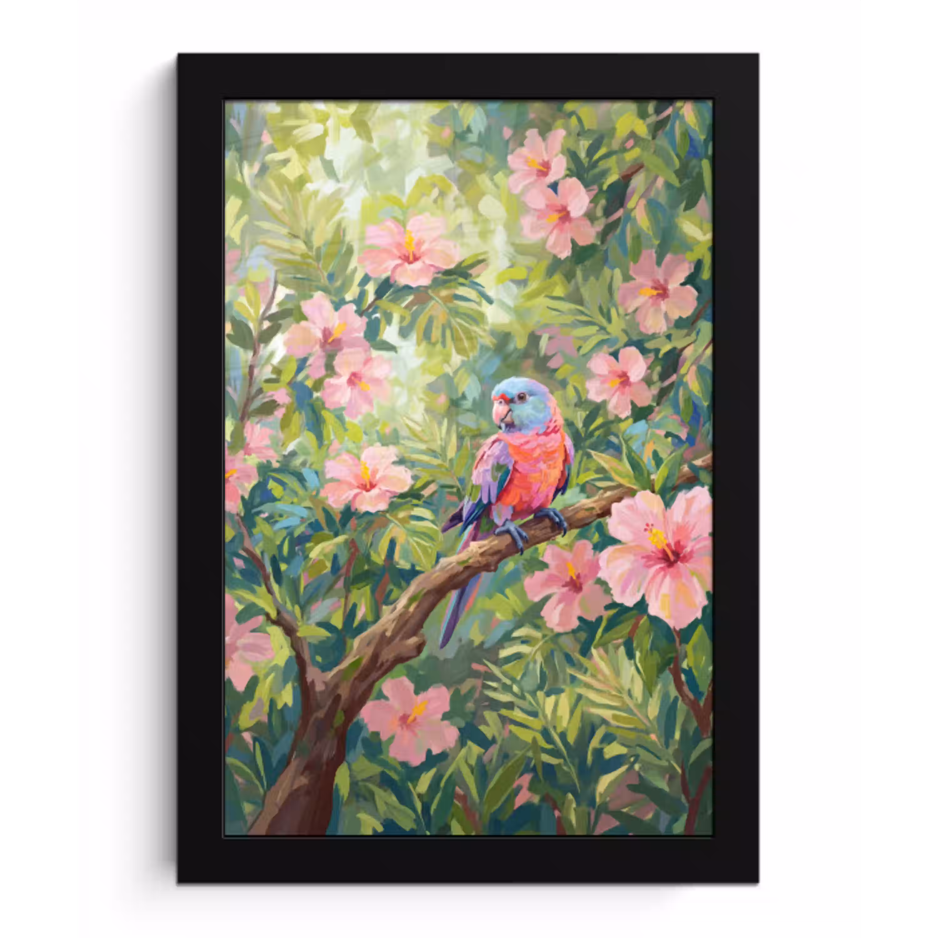 Papagaai - Hibiscusbloemen - Kleurrijk fotolijst zwart zonder passe partout klein -3d
