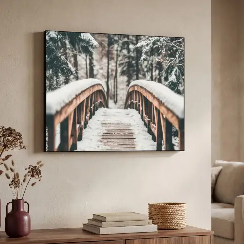 Brug - Winterlandschap - Bos - Natuur - Sneeuw Textielframe zwart klein -sfeer3