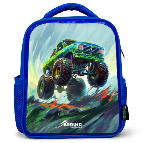 Groene Monstertruck met Penseelstreken Kinderrugzak - Blauw middel -3d