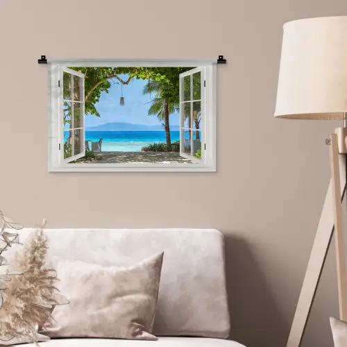 Doorkijk - Boom - Zee - Palmboom - Heuvels - Strand - Blauw Wandkleed katoen klein -sfeer4