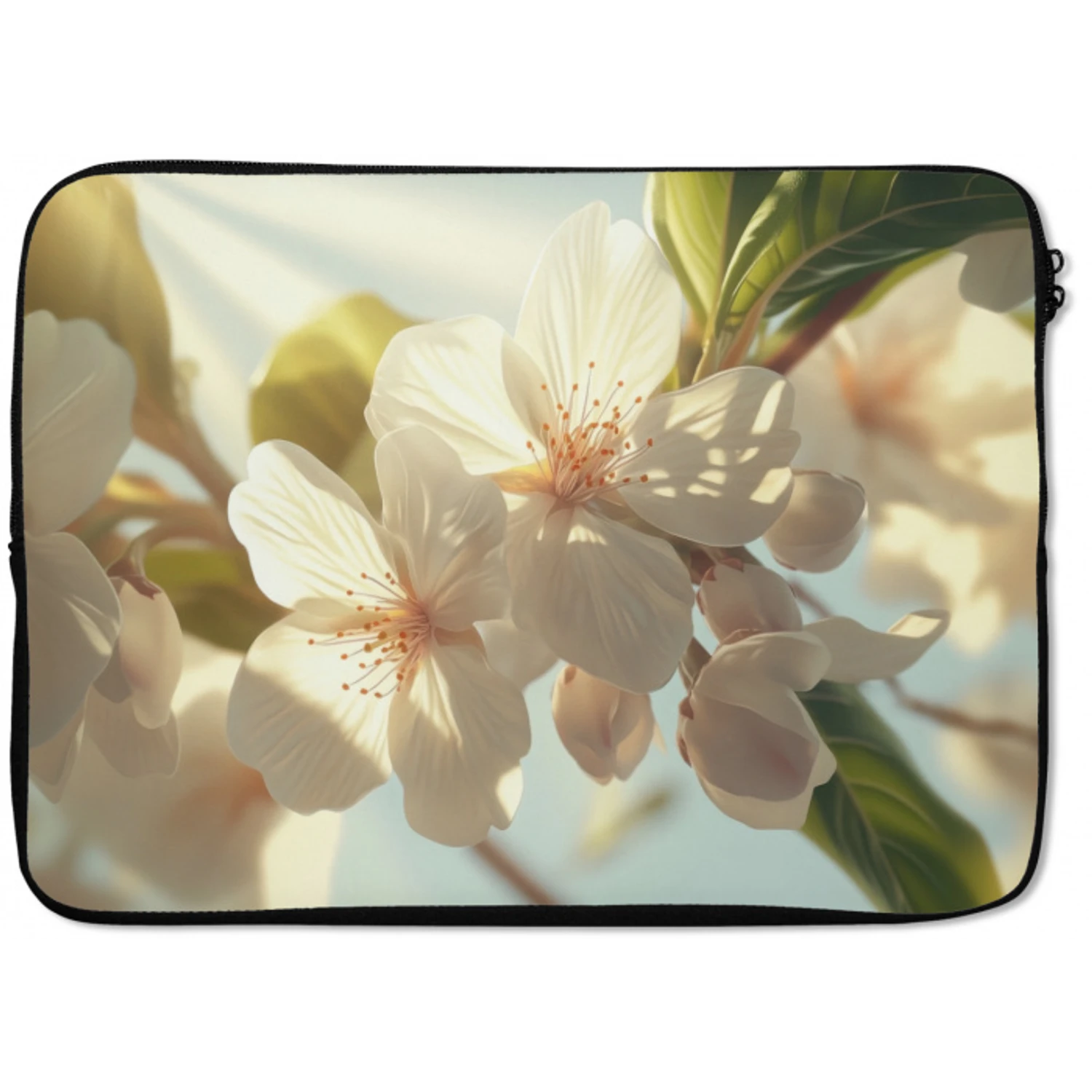 Bloesems - Wit - Zonnestralen -  Bloemblaadjes laptophoes neopreen klein -zkaufland3dotto