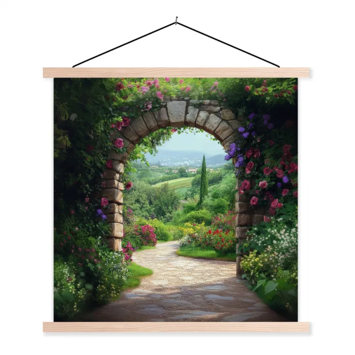 Doorkijk - Landschap - Bloemen - Pad - Uitzicht textielposter latten blank klein -3d