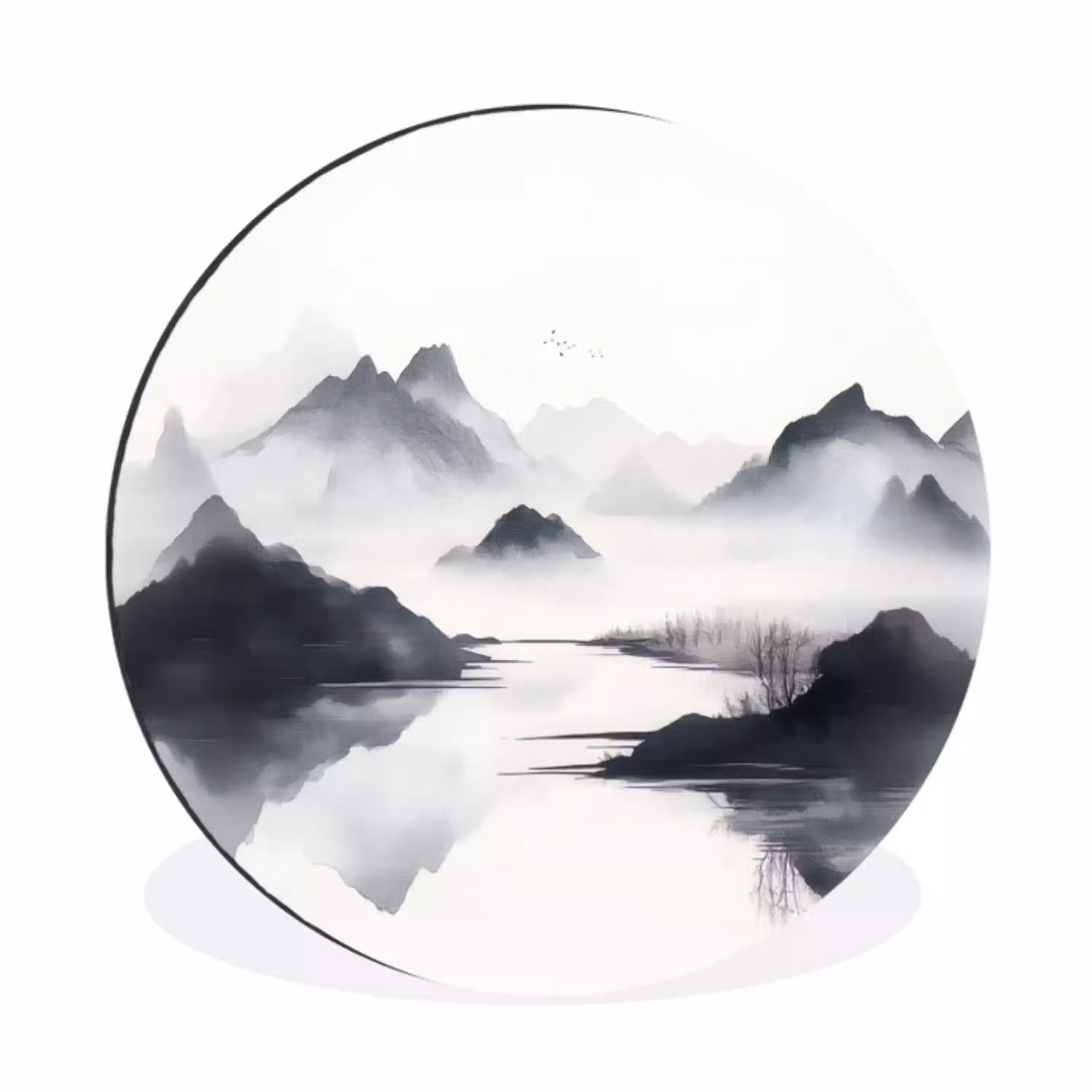 Bergen - Mistig - Water - Wit Wandcirkel aluminium klein -3d