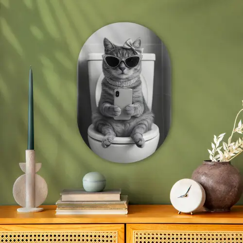 Kat - Telefoon - Toilet - Zwart - Wit Wandcirkel Ovaal Forex klein -sfeer2