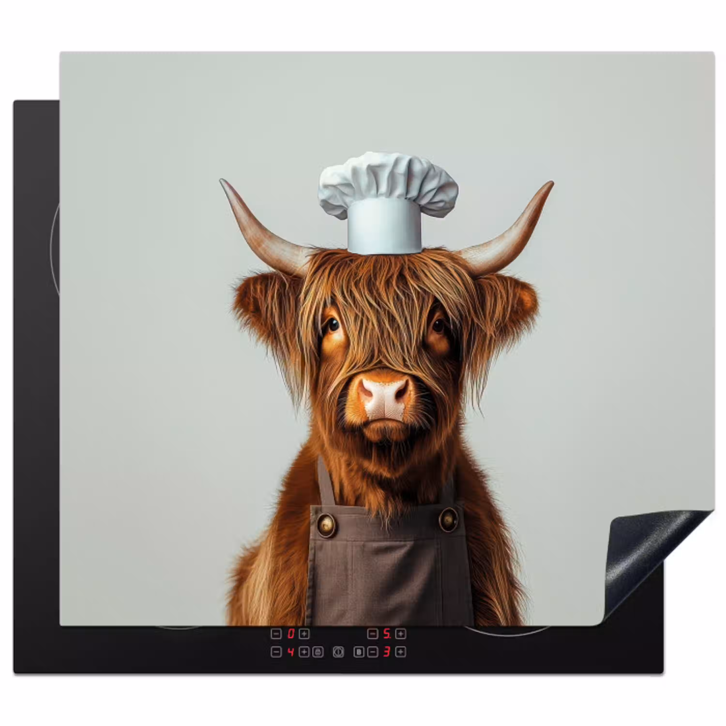 Schotse Hooglander - Bruin - Hoorns - Kokskleding Inductie beschermer vinyl 3mm middel -3d
