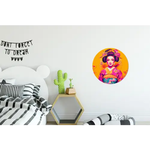 Bloemen - Vrouw - Kimono - Roze Wandcirkel aluminium klein -kinderkamer