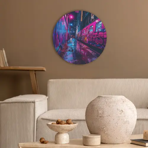 Stad - Neon -  Nacht - Roze - Graffiti Akoestische PET Vilt - Rond klein -sfeer1