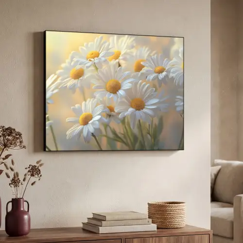 Madeliefjes - Wit - Zonlicht Textielframe zwart klein -sfeer3