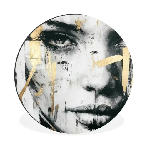 Portret - Vrouw - Penseelstreken - Goud Wandcirkel aluminium klein -3d