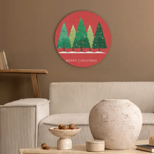 Minimalistisch - Kerstbomen - Rood - Sneeuw Akoestische PET Vilt - Rond klein -sfeer1