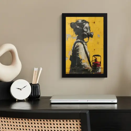 Vintage - Street art - Meisje - Masker - Geel - Banksy fotolijst zwart zonder passe partout klein -sfeer1