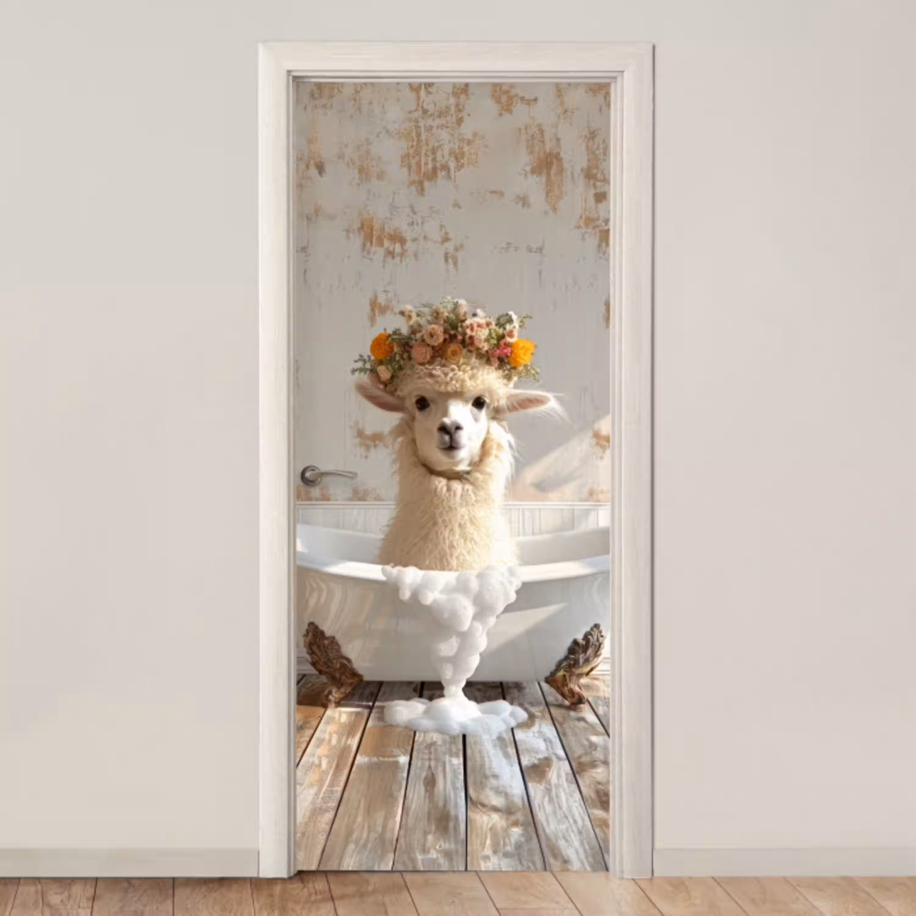 Vintage - Alpaca - Badkuip - Bloemen - Dieren deurposter klein -3d_beige