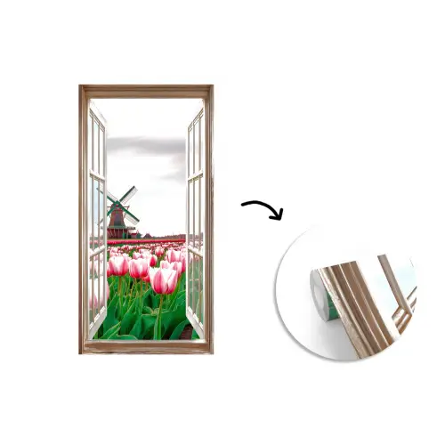 Doorkijk - Tulpen - Bloemen - Molen - Raam fotobehang vinyl groot -3d