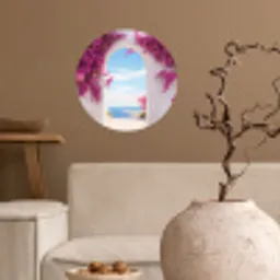 Zee - Roze - Bloemen - Poort Wandcirkel behangsticker klein -sfeer1
