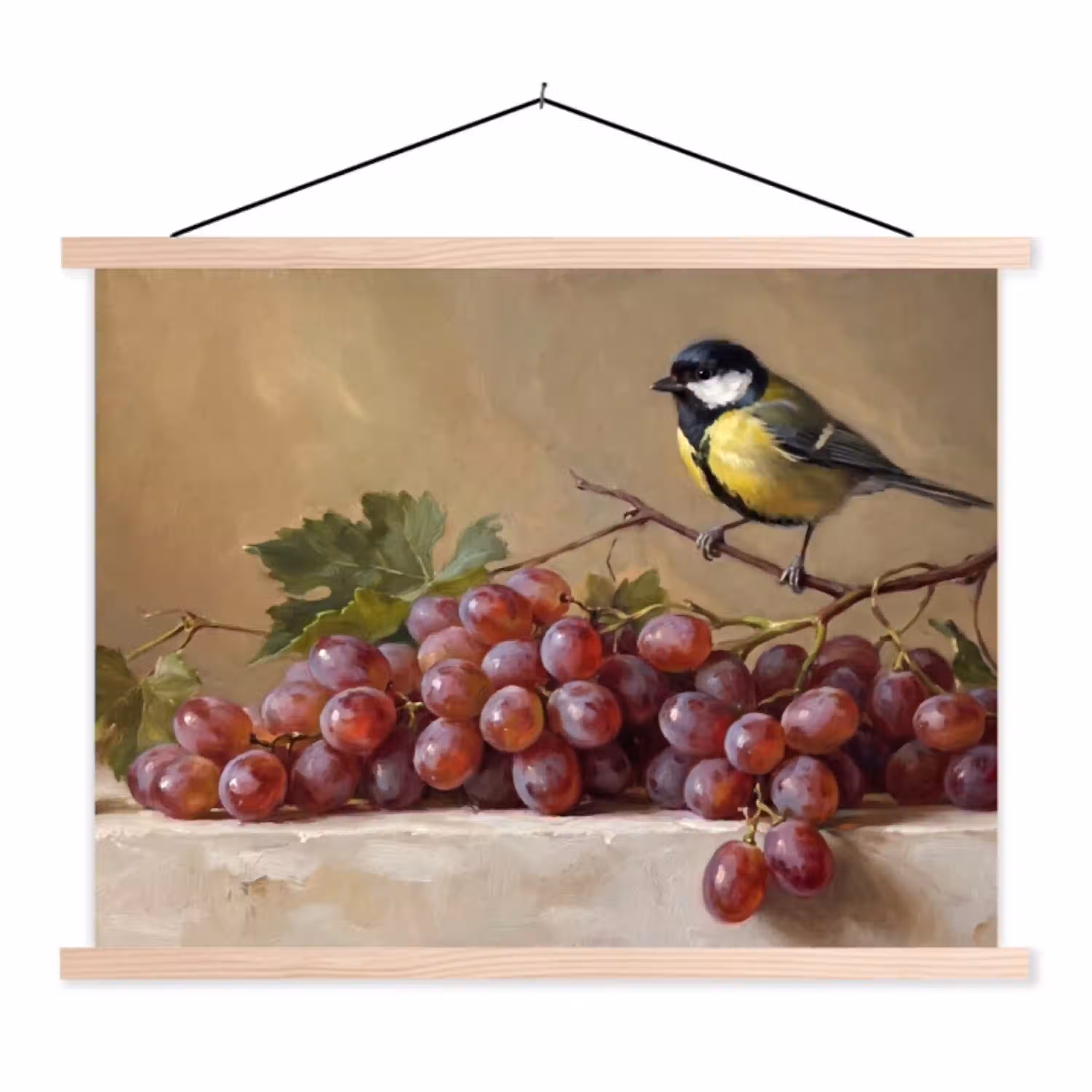 Vogel - Druiven - Stilleven textielposter latten blank klein -3d