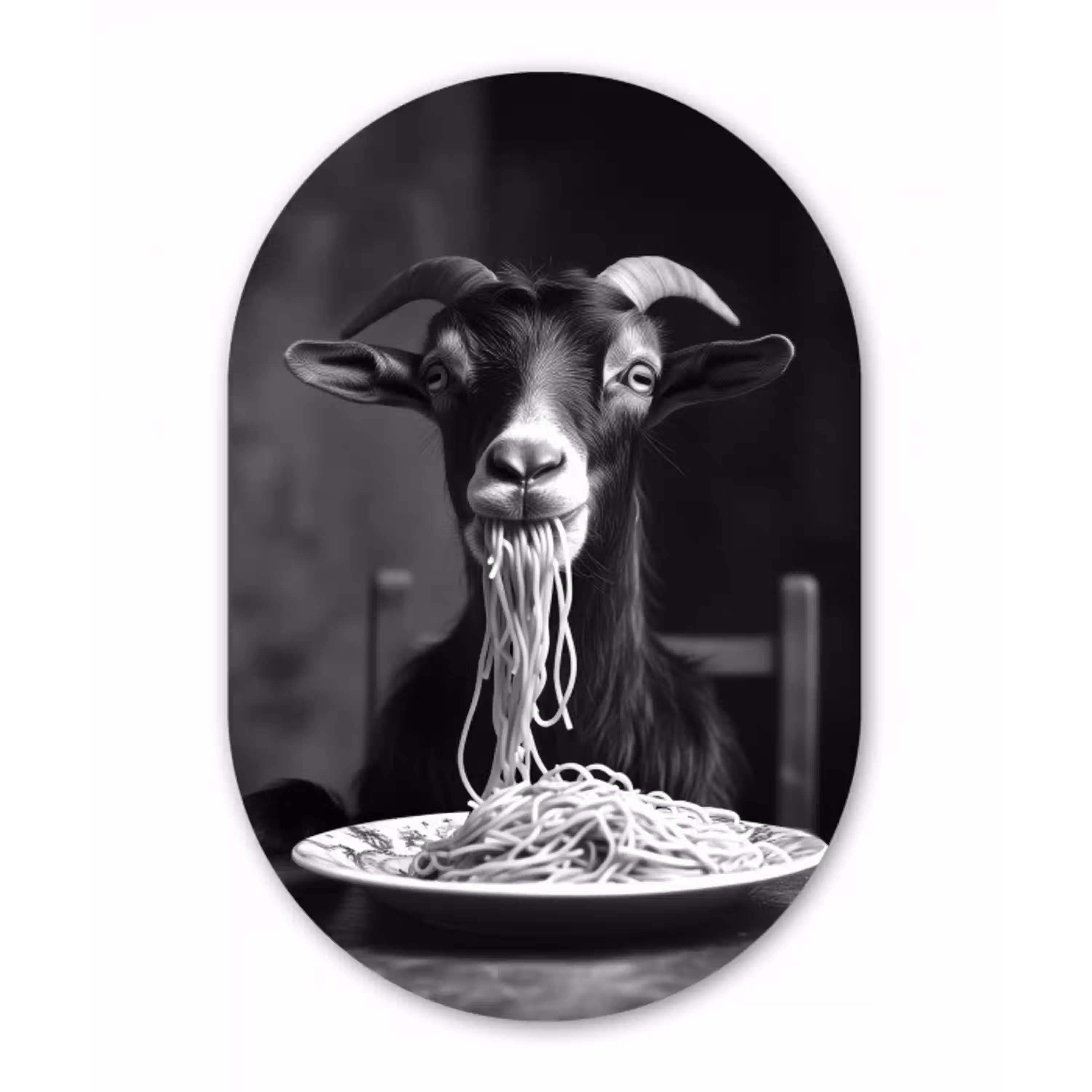 Geit - Bord - Spaghetti - Zwart Wit Wandcirkel Ovaal Aluminium middel -3d