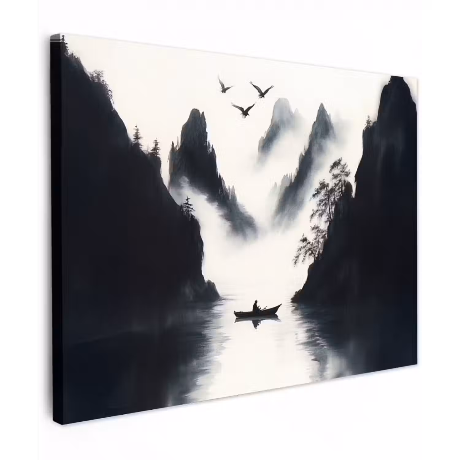 Leinwandbild - Ruderboot - Neblig - Berge - Vögel