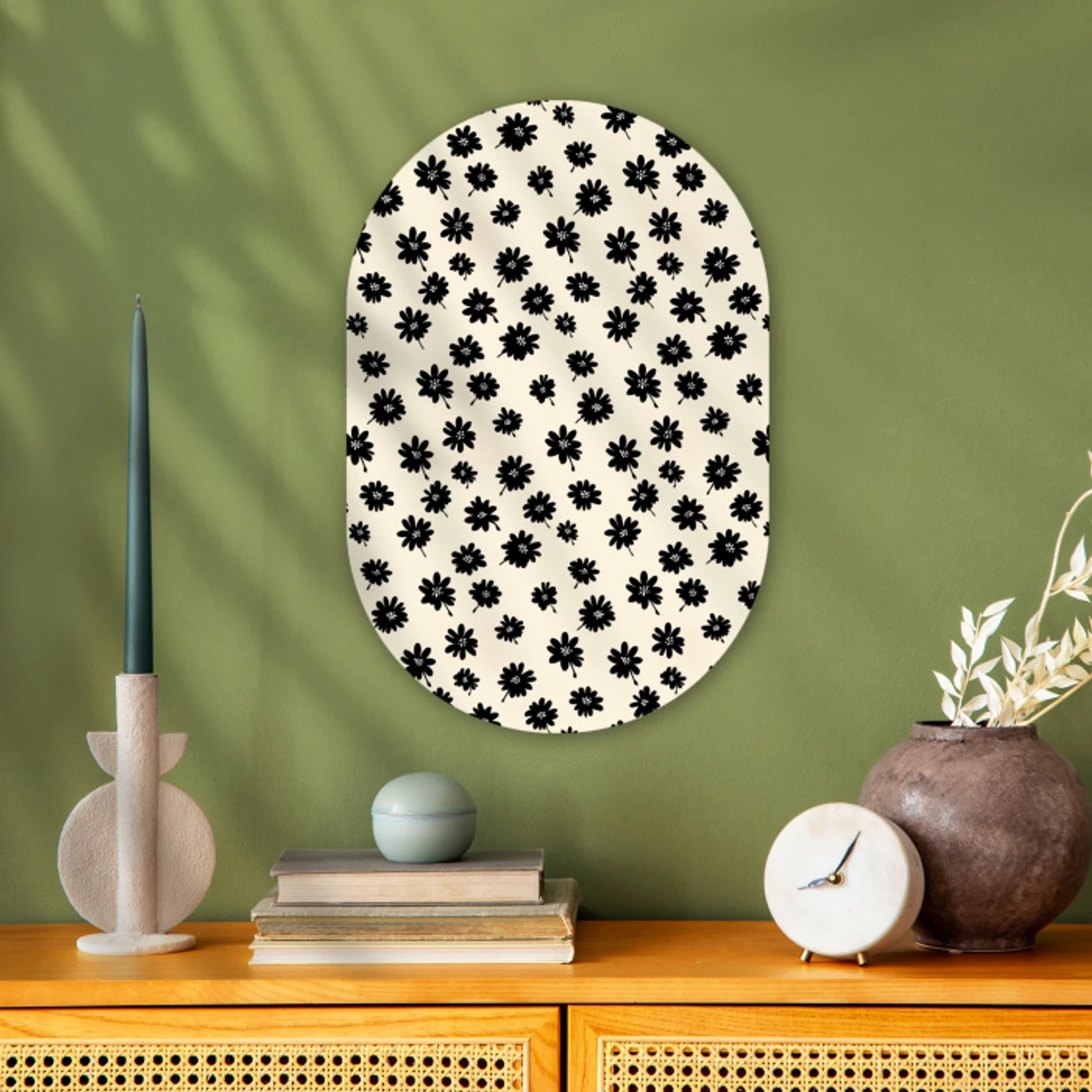 Madeliefjes - Grafisch - Zwart - Beige Wandcirkel Ovaal Forex klein 630 -sfeer2