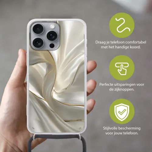 Stof - Plooien - Goud Hoesje iPhone 16 Pro Max met koord klein -sfeer2_NL