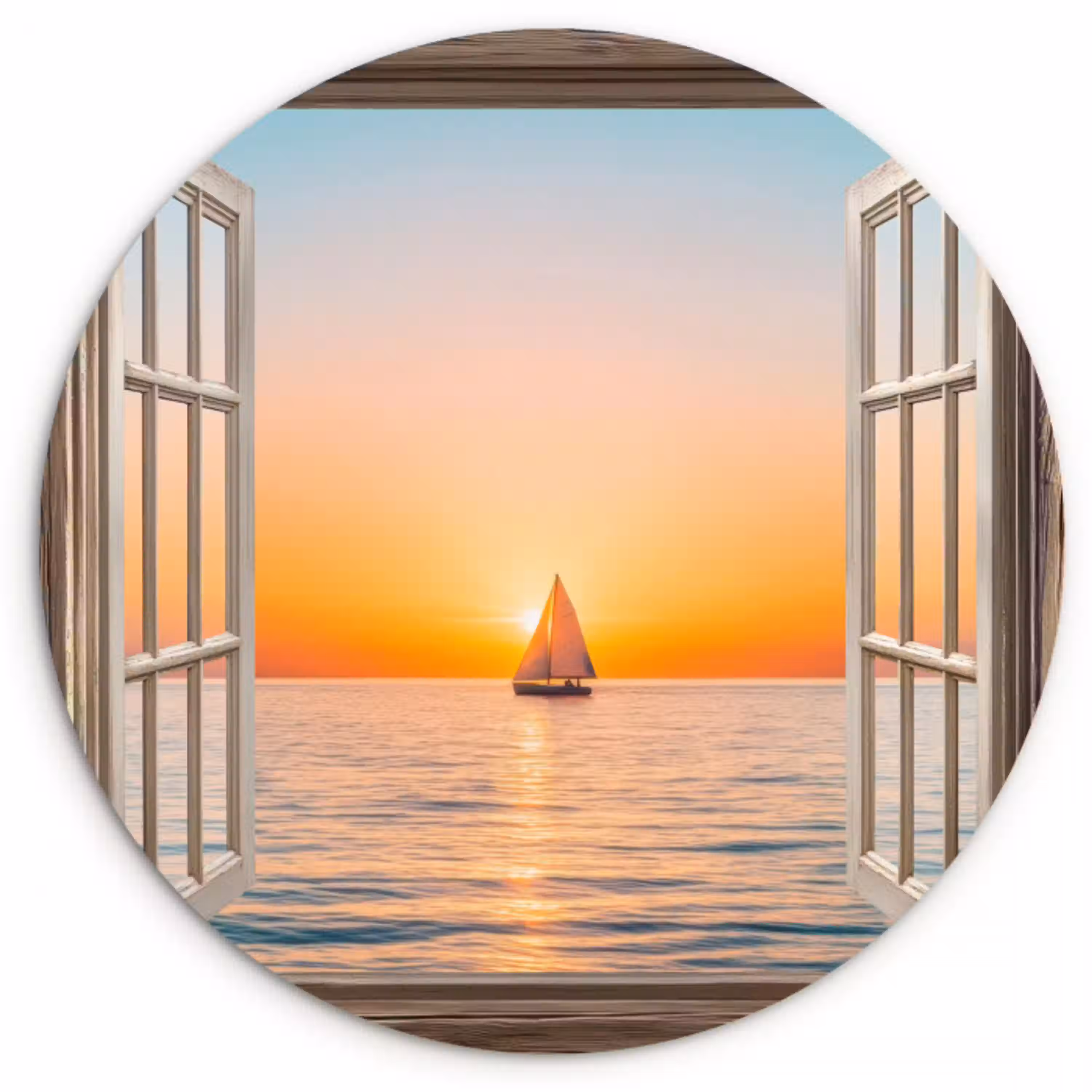 Doorkijk - Zee - Boot - Zonsondergang Wandcirkel plexiglas klein -3d