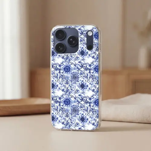 Bloemen - Blauw - Patroon - Wit Telefoonhoesje iPhone 17 Pro klein 878 -sfeer2