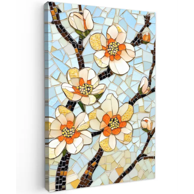 Bloesems - Wit - Mozaïek - Tak Tuinposter op houten frame 2 cm dik klein -3d