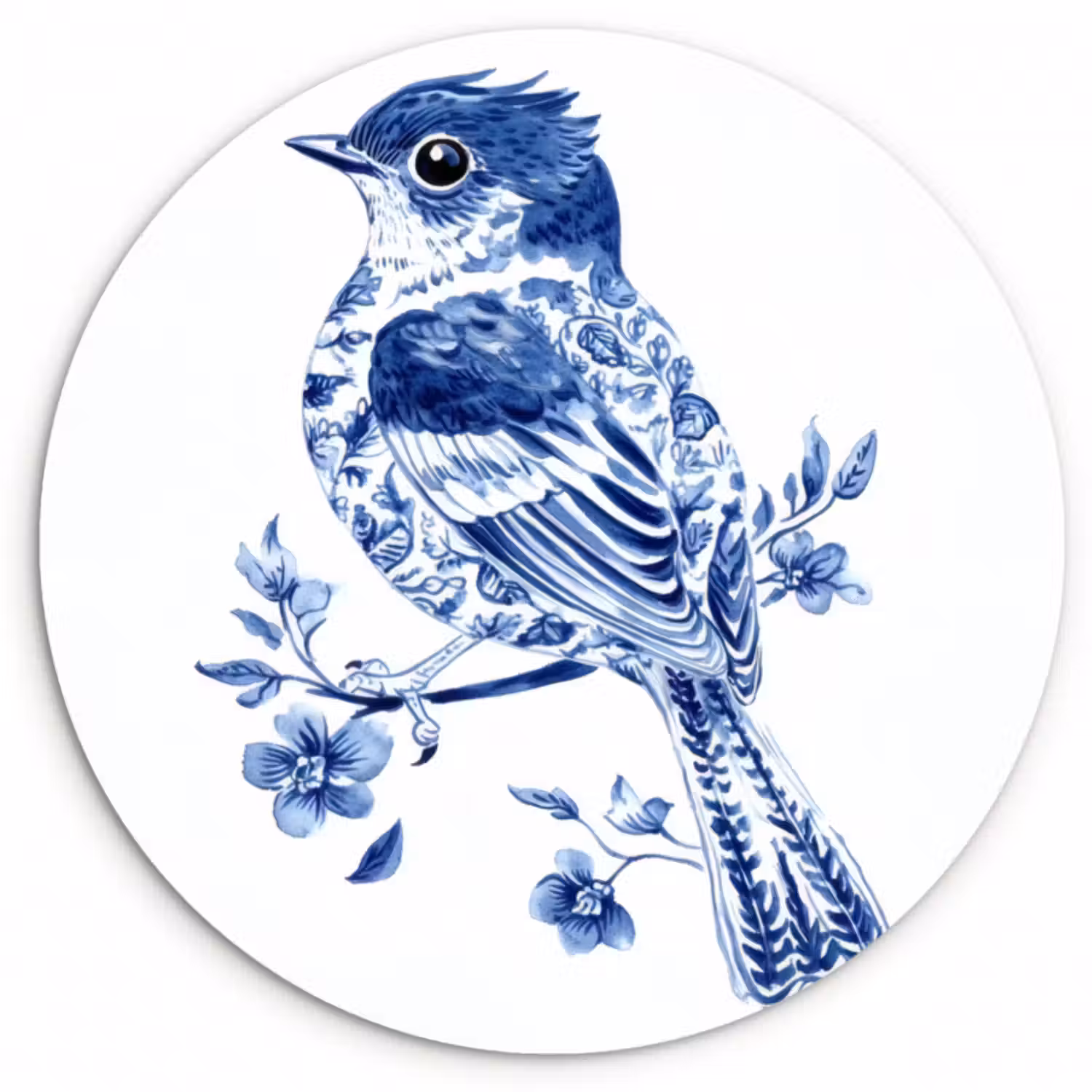 Glasbild Rund - Vogel - Delfter Blau - Illustration - Blumen