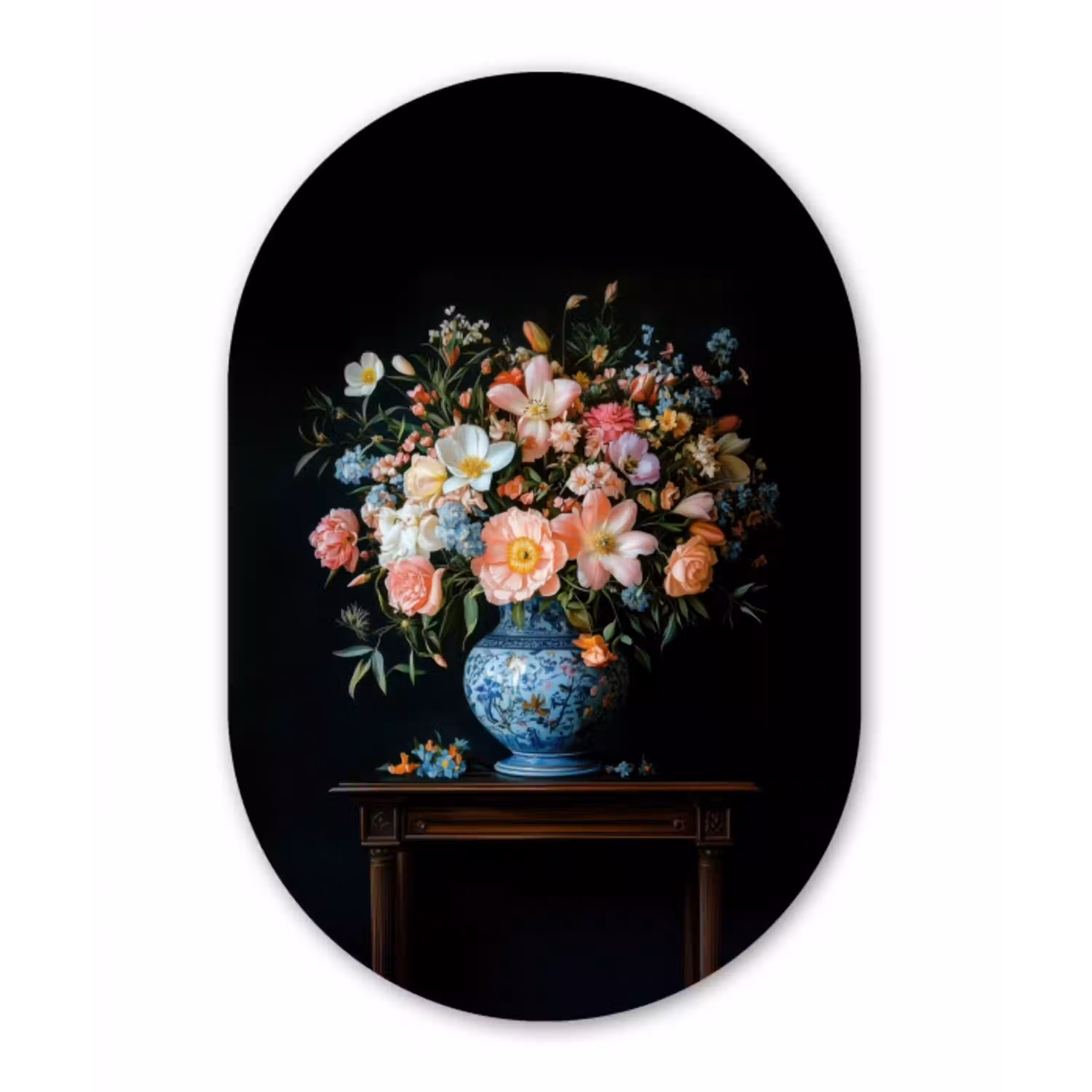 Roze - Bloemen - Vaas - Kleuren Wandcirkel Ovaal Aluminium middel -3d