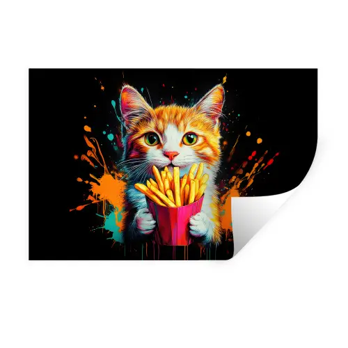 Kat - Eten - Patat - Graffiti - Abstract Muursticker klein -3d