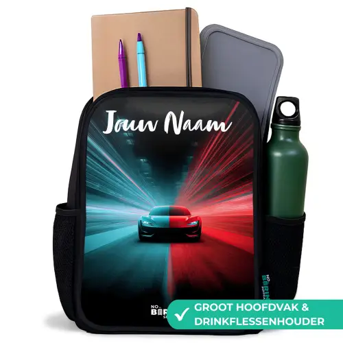 Sportauto - Blauw - Neon - Stad Rugzak - Zwart middel -inhoud_NL