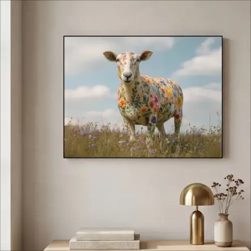 Schaap - Bloemen - Weide Textielframe zwart klein -sfeer2