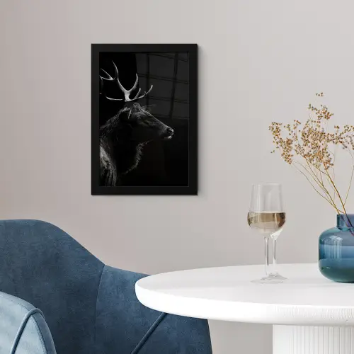 Hert - Zwart - Portret - Gewei - Dieren fotolijst zwart zonder passe partout klein -sfeer4