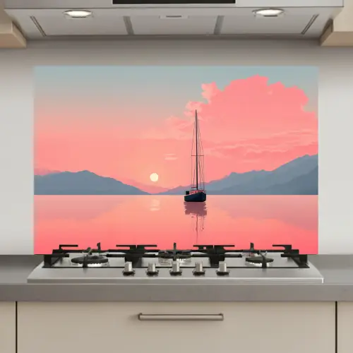 Zeilboot - Roze zee - Zonsondergang - Bergen keuken achterwand spatscherm klein -3d_website