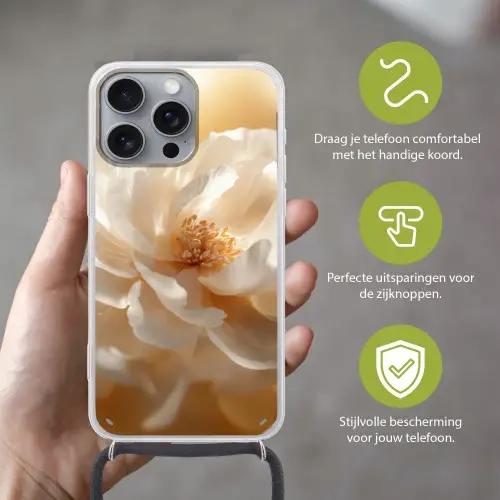 Close up - Pioenroos - Wit Hoesje iPhone 16 Pro Max met koord klein -sfeer2_NL